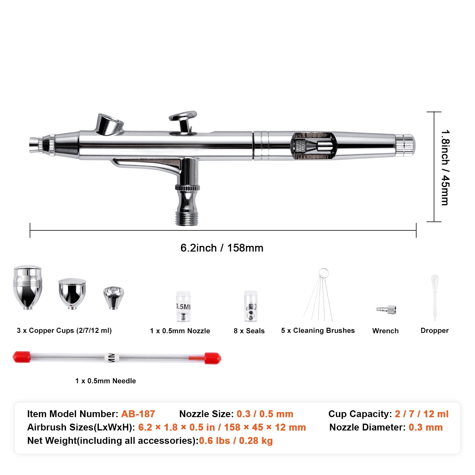 KFFKFF Dual-Action Airbrush, Gravity Feed, Includes 0.3 & 0.5 mm Nozzles, Kit with Copper Cups (2/7/12ml) & Cleaning Tools, Perfect for Model Painting, Dessert Decoration, Cake Design & Nail Art
