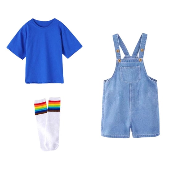 JIAYUE Boys Girls Outfit Sets Crew Neck Short Sleeve Denim Overalls Shorts With Solid Color Top Toddler Kids Romper Jumpsuit For Graduation Performance Party Classic Children Clothes Suits