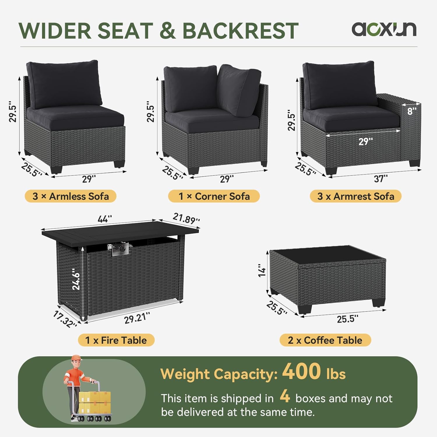 Aoxun Patio Furniture Sets with 44'' Fire Pit, 10 Pcs Outdoor Patio Coversation Set with 4'' Thicken Cushion, Widen Armrests Wicker Outdoor Sectional for Backyard (Waterproof Cover Include)