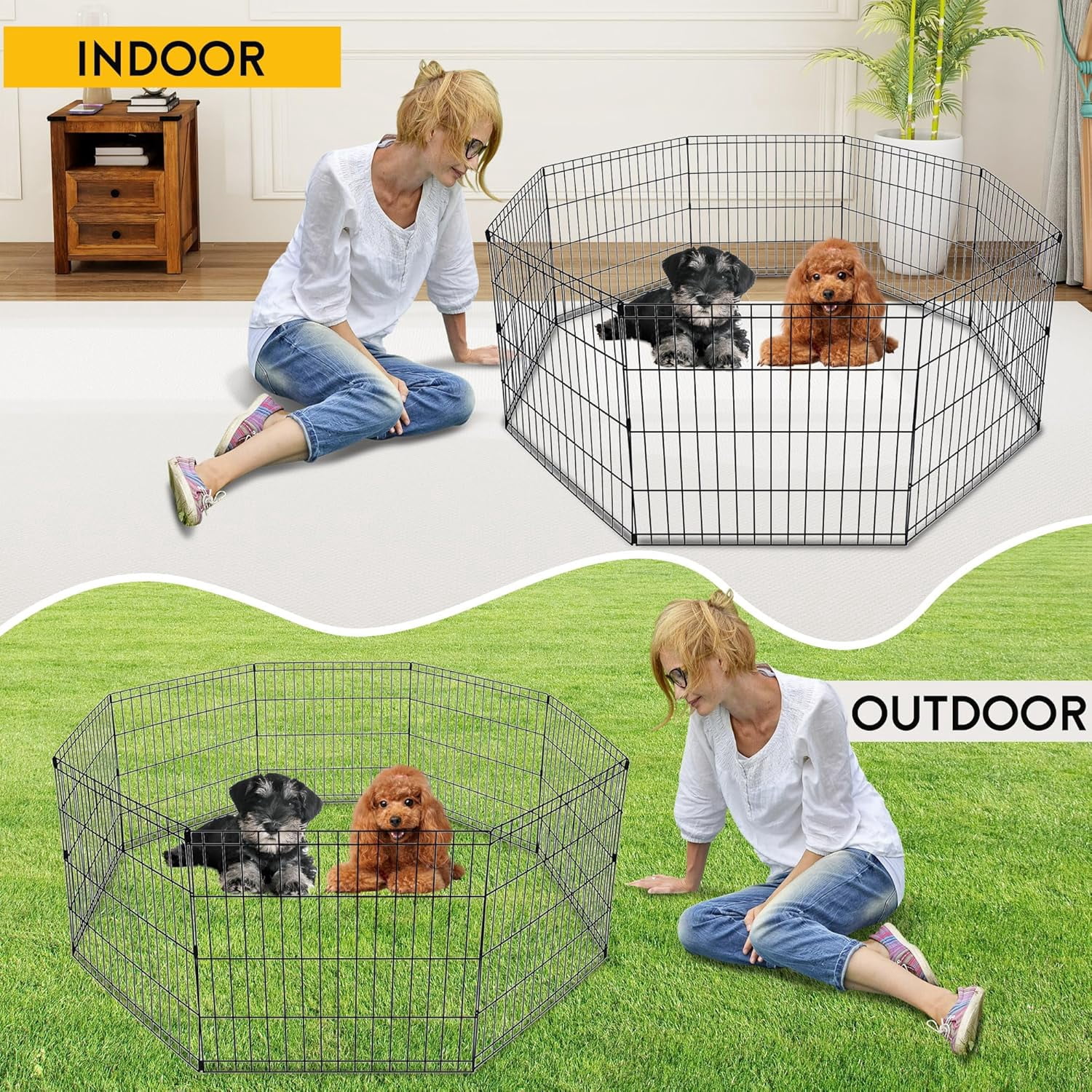FDW 24 inch Dog Pen Playpen Puppy Pet Playpen 8 Panel Metal Portable Folding Animal Dog Fence,Black