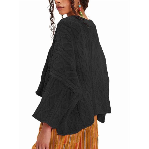 Womens Cable Knit Cropped Sweaters Oversized 3/4 Sleeve Crew Neck Fall Casual Pullover Tops