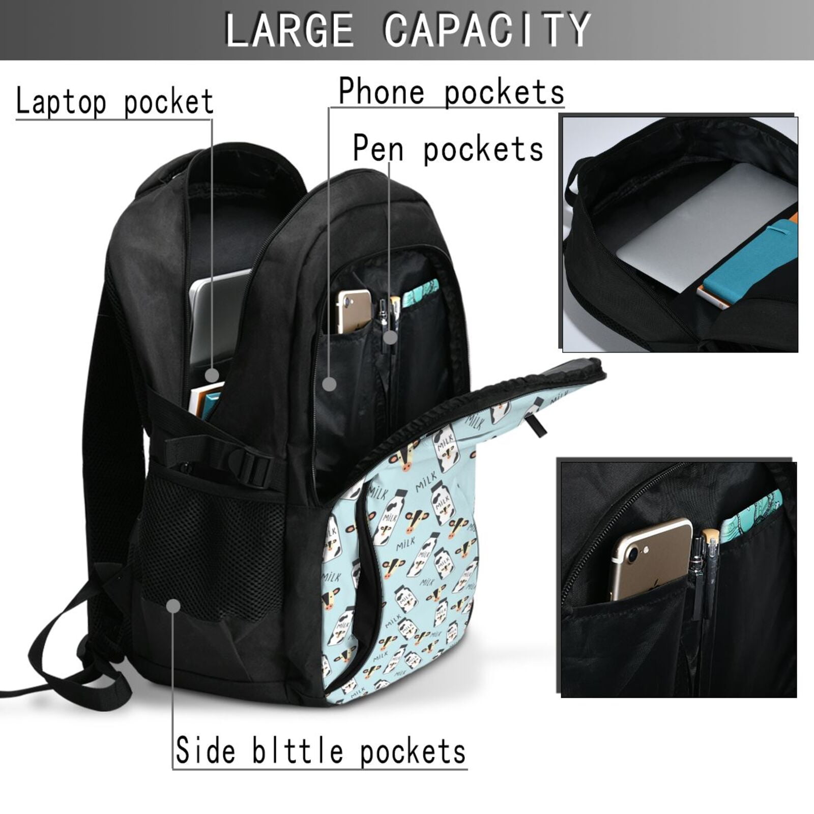 Vsdgher Milk Bottles And Cow Head Print Travel Laptop Backpack, Laptops Backpack with USB Charging Port, Water Resistant Computer Bag Gift for Men & Women