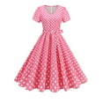 thumbnail image 2 of Uaswgudfs ​Women's Casual Short Sleeve V-Neck Midi Dress​ - Summer A-Line Design with Belted Bow & Polka Dot Grid Pattern, Everyday Wear Pink M, 2 of 9