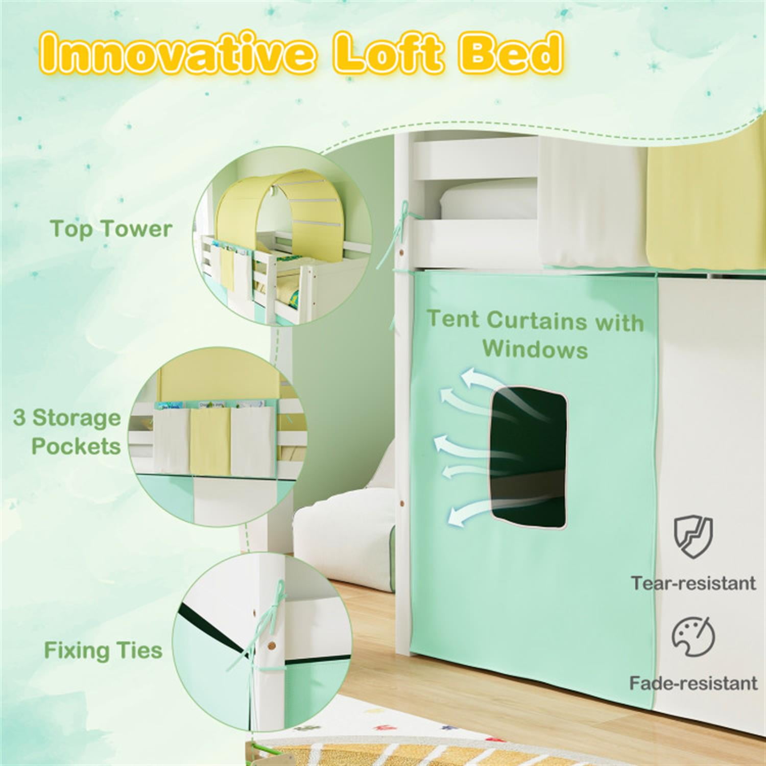 Demi Bonn Loft Bed Twin Size, Solid Wood Low Loft Bed with Tower Tent and 3 Storage Pockets, Modern Wooden Bed Frame, Green