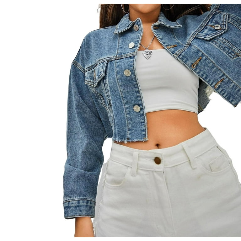Women's Casual Solid Ripped Distressed Cropped Denim Jean