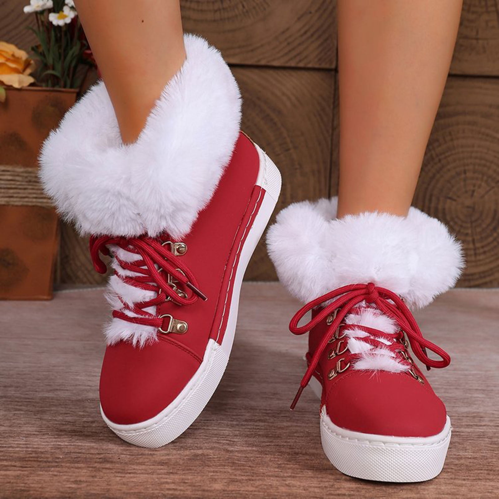 Dasayo Booties for Women Red Hiking Furry Ankle Flat Heel Faux Leather Lace up Winter Shoes Ladies Shoes 40