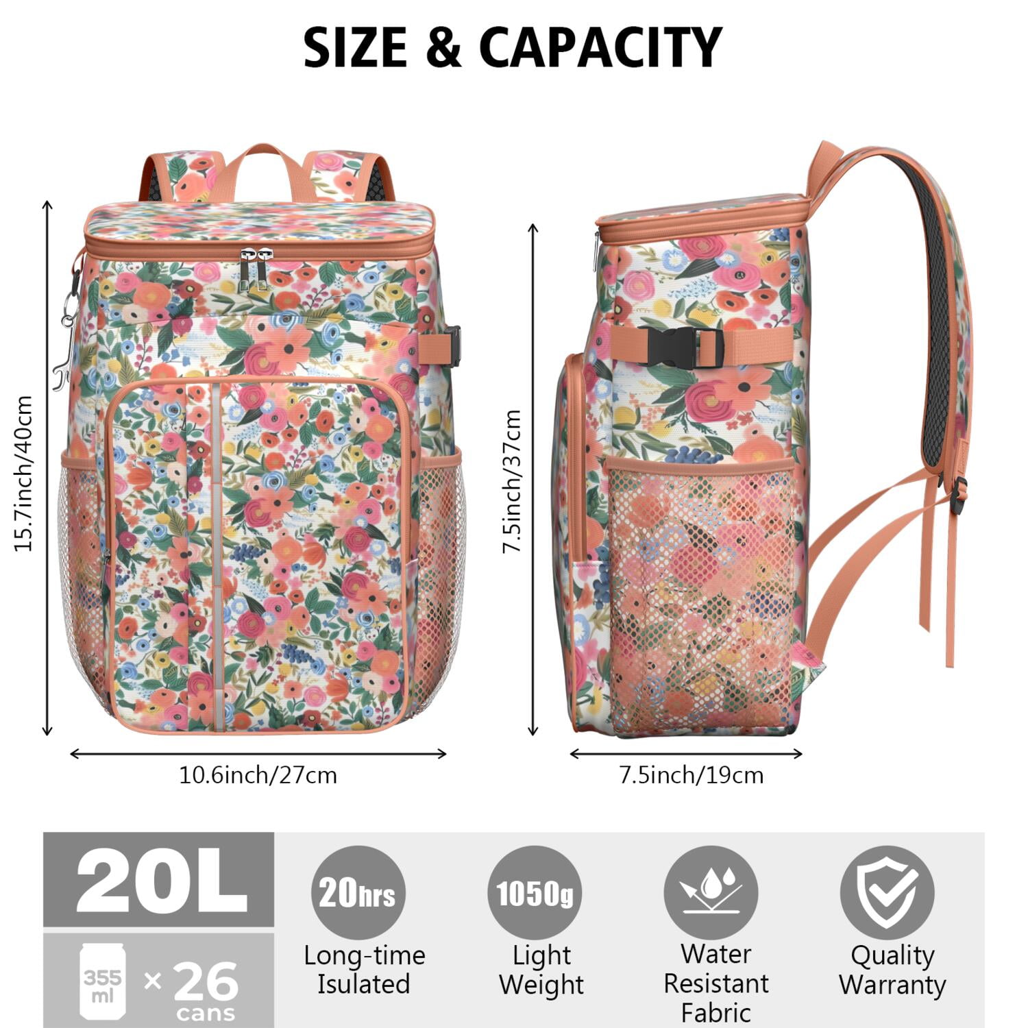 Travel Cooler Bag - Pioneer Flower Floral Print Pattern Camping Beer Cooler Backpack with Bottle Opener- Waterproof Insulated Picnic Backpacks - Cooler Bag for Beach