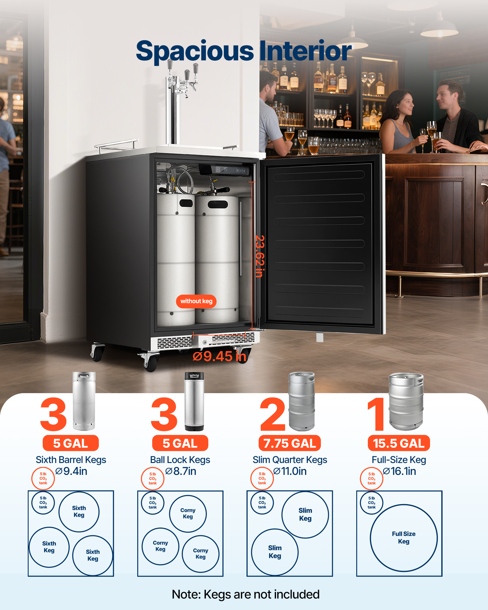 VEVOR Beer Kegerator, Triple Tap Commercial Draft Beer Dispenser for D system, Full Size Keg Refrigerator with 5lbs CO2 Tank, Hold 3 Sixth / 2 Slim / 3 Ball lock keg, 160L