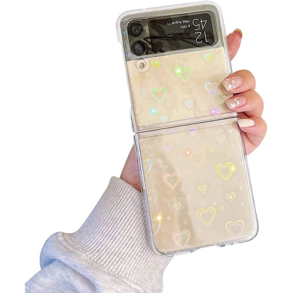 Compatible with Samsung Galaxy Z Flip 3 5G Case with Clear Holorgraphic Glitter Heart Pattern for Women Girls Fashion Soft Flexible Durable Slim TPU Cases for Galaxy Z Flip 3 5G-Clear