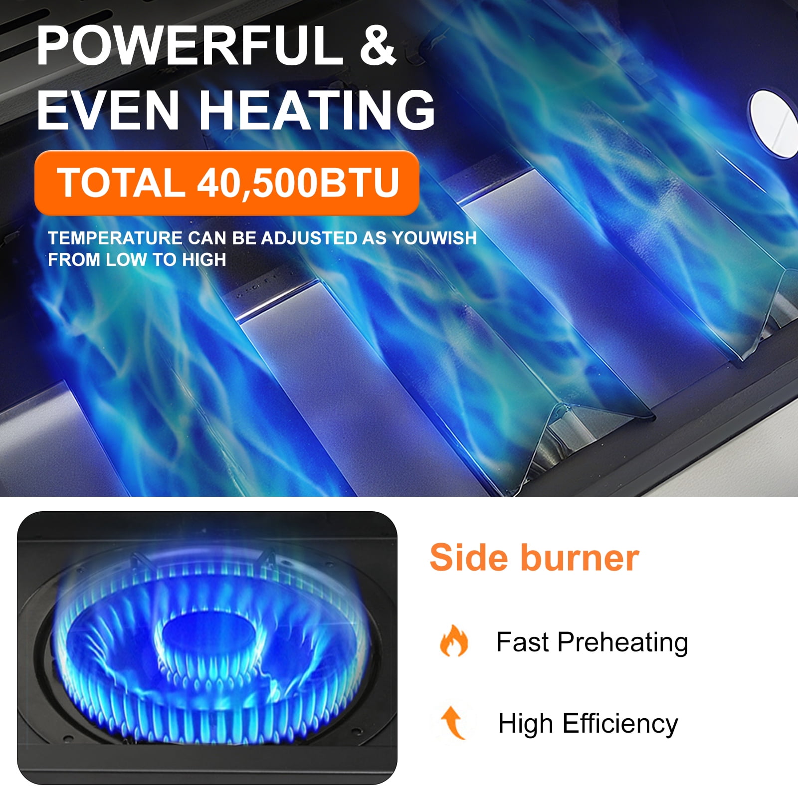 3 Burner Propane gas grill with side burner, Stainless Steel 40,500BTU Barbecue BBQ grills outdoor cooking for Backyard , Cast Iron Grates