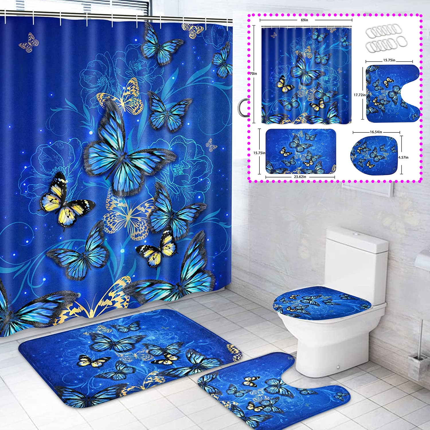FRAMICS Blue Butterfly Flower Pattern Polyester Shower Curtain and Rug