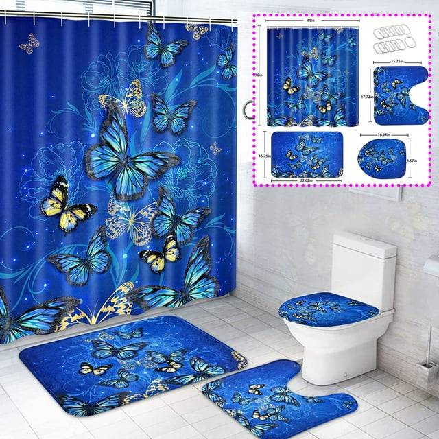 FRAMICS Blue Butterfly Flower Pattern Polyester Shower Curtain and Rug