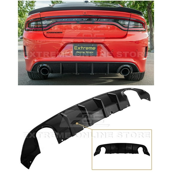 Replacement For 2015-Present Dodge Charger SRT | SRT Factory Style Rear Bumper Dual Tips Exhaust Diffuser ( ABS Plastic - Painted Glossy Black )
