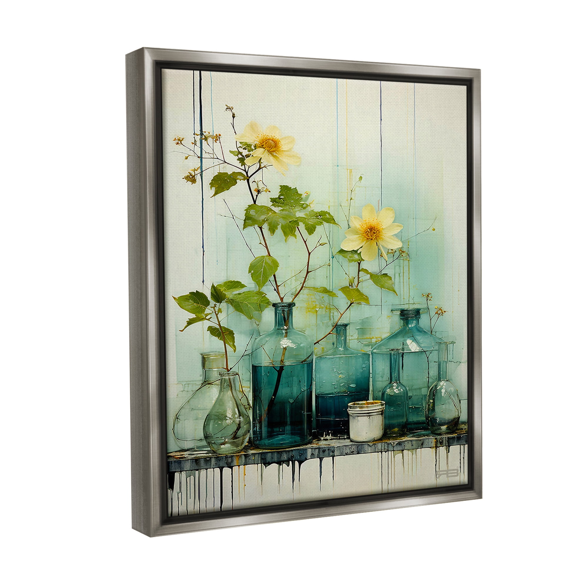 Stupell Industries Modern Jars & Florals Botanical & Floral Painting Gray Floater Framed Canvas Art Print Wall Art, 17 x 21