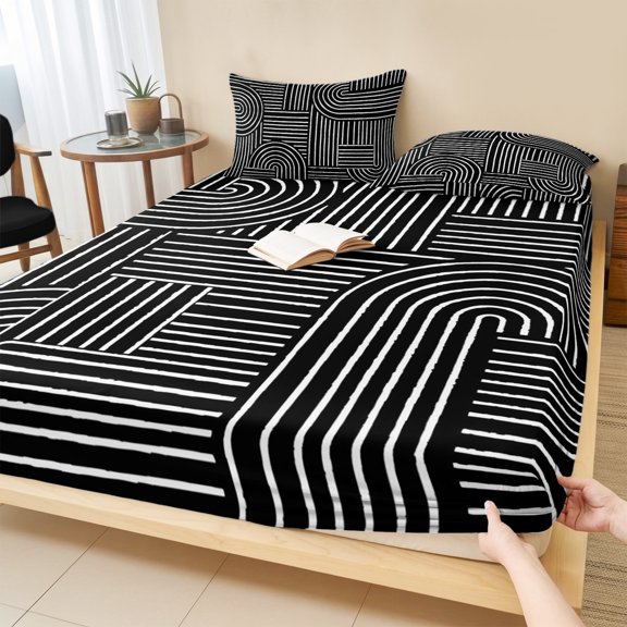 Twin XL Size Fitted Sheet Set - Black Boho 2 Piece Bedding Sets 16" Deep Pocket Fitted Sheet with 1 Pillowcases, Abstract Geometric Curves Lines Mminimalist Brushed Microfiber Hotel Luxury Bed Sheets