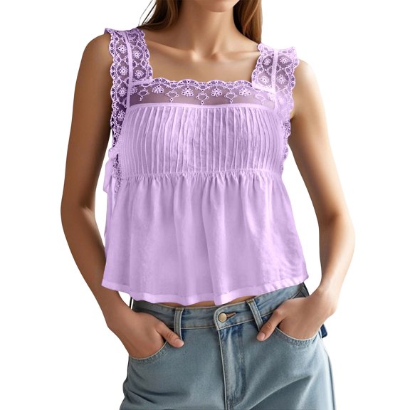 haizhen Cropped Tank Tops for Women Loose Fit Side Tie Ruffle Lace Flowy Sleeveless Tops Cami Shirts Casual Summer Going Out Crop Fashion Clothing Purple, S