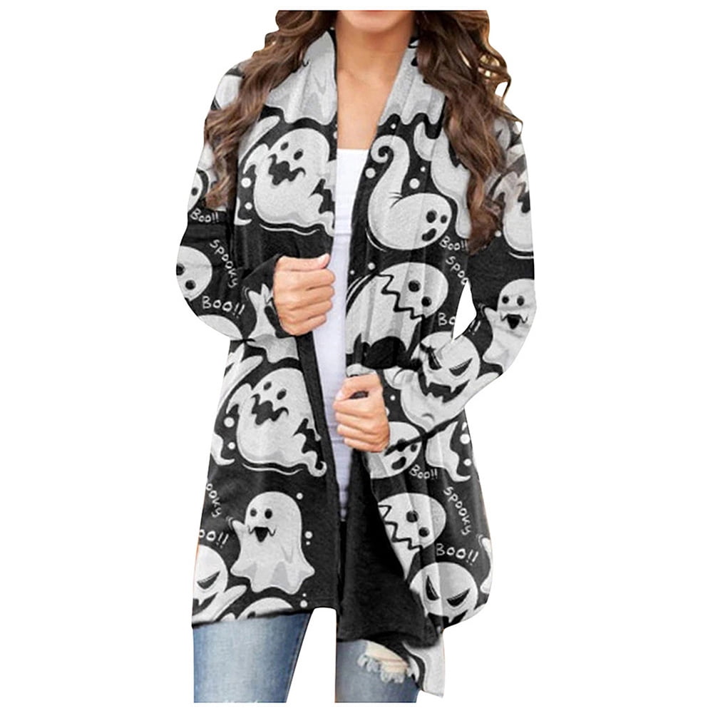 Womens Halloween Pumpkin Print Open Front Cardigan Long Sleeve Soft Knit Sweater Chunky Outwear