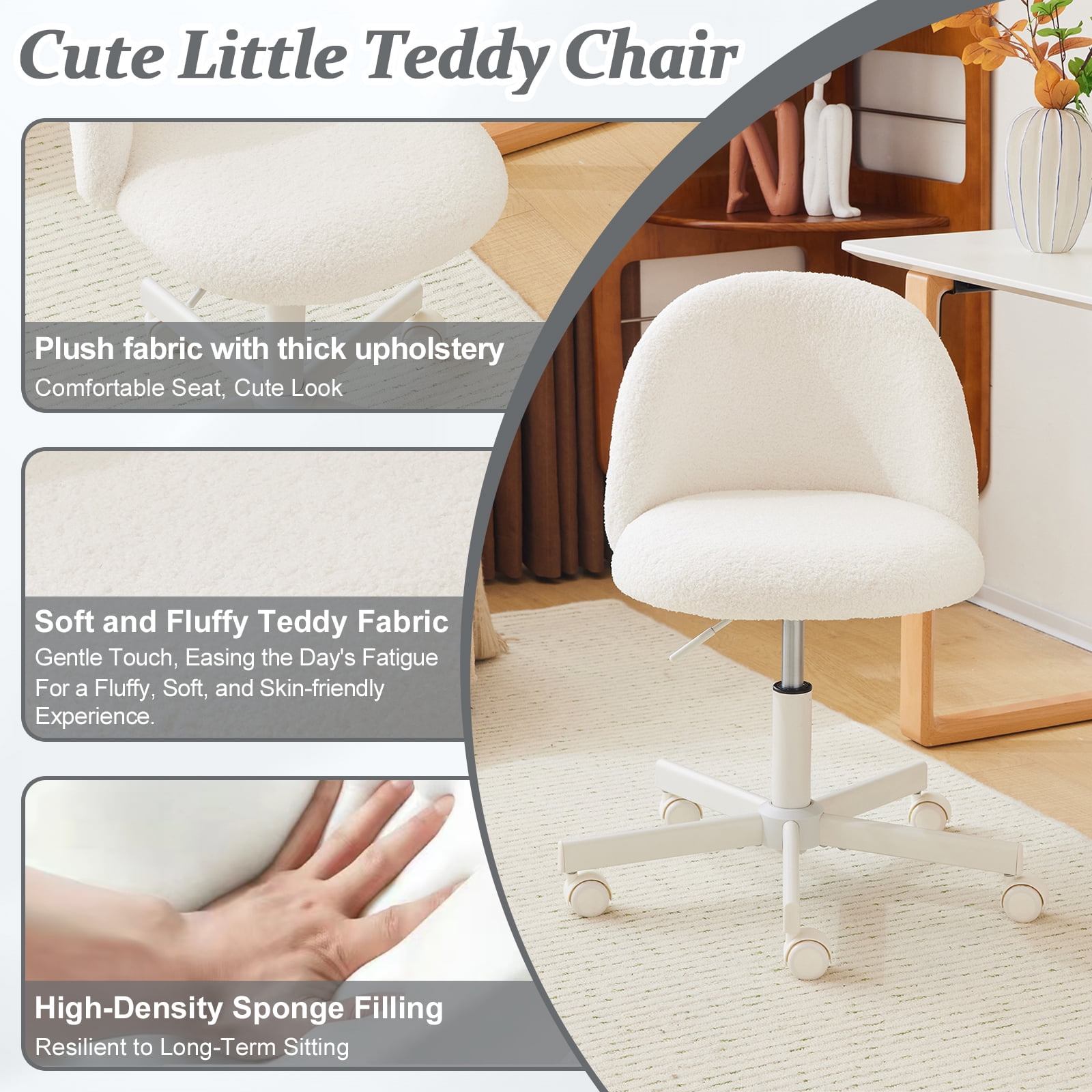 Ktaxon Armless Home Office Desk Chair Cute Mid Back Vanity Stool Teddy Velvet Swivel Task Chairs with Wheels White