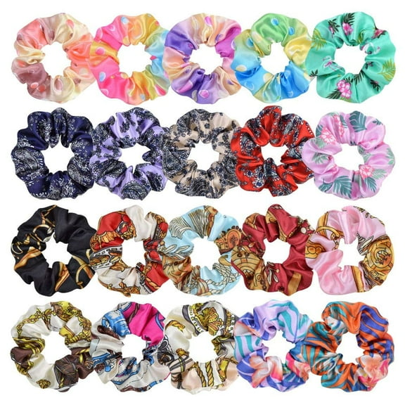 GIXUSIl 20Pcs Flower Print Hair Scrunchies Patterned Ponytail Holder Satin Elastic Hair Bobble Tie for Women Girls