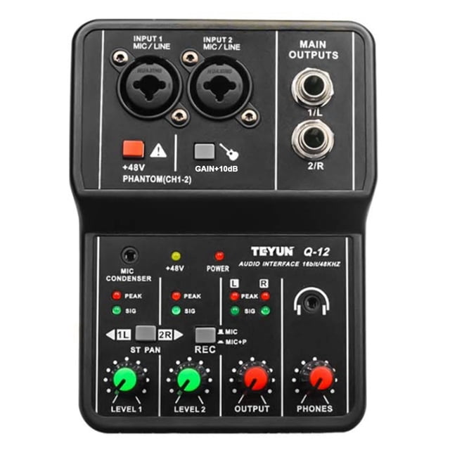 TEYUN Tarjeta de Sonido Q-12 Mezclador de Audio Placa de Sonido Consola Interfaz de Sistema de Escritorio 4 Canales 48V Potencia EstéReo Tarjeta de Sonido para Ordenador