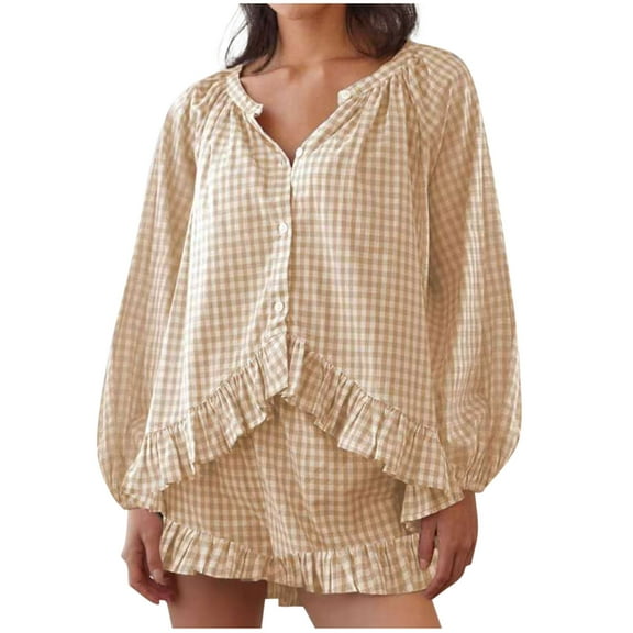 Women's Plaid 2 Piece Pajama Sets Button Down Ruffle Long Sleeve Shirt Wide Leg Shorts Pj Lounge Sets Sleepwear