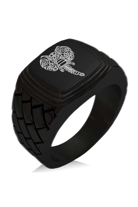 Stainless Steel Juggernaut Elephant Geometric Pattern Step-Down Biker Style Polished Ring
