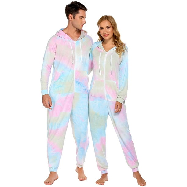 Carolilly Tie Dye One Piece Pajamas Couples Long Sleeve Non Footed Suit With Hoodie Round Collar Zipper Sleepwear Walmart Com