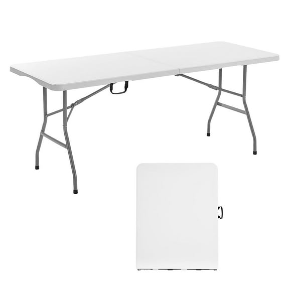 VEVOR Folding Table, 6 Ft Heavy Duty Portable Fold-in-Half Utility Table, Indoor Outdoor Plastic Rectangle Table with Built in Handle, for Party, Dining, Wedding, Events,Picnic,Camping,White