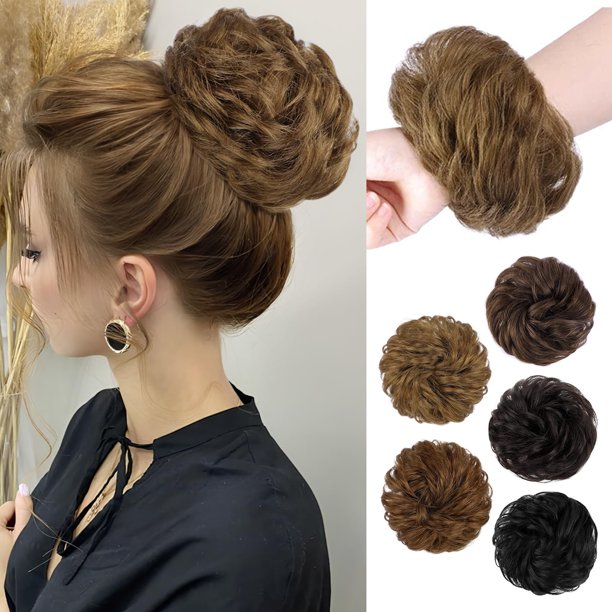 HMD cabello humano moño desordenado extensiones de cabello humano desordenado rosa moño pieza de pelo rizado moño con banda elástica extensiones de pelo despeinado Updo postizos para mujer (marrón c