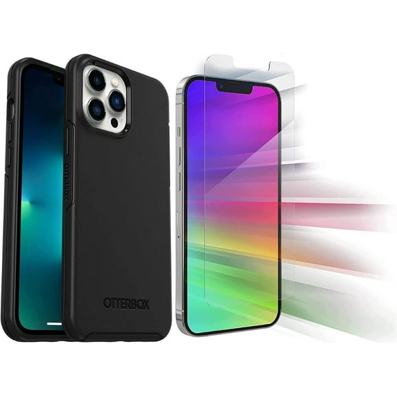 OtterBox Symmetry Series Case for iPhone 13 Pro Max Only - with Zagg Glass Elite Clear Screen Protector - Non Retail Packaging - Black