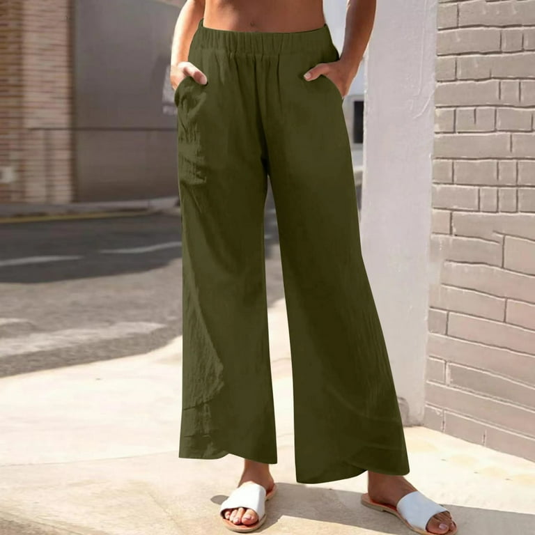 Casual Pants For Women Summer Color Pocket Stitching Spring Solid Color  Loose Cotton Straight-leg Soft Golf Trousers Stretch Elastic Waisted  Fashion