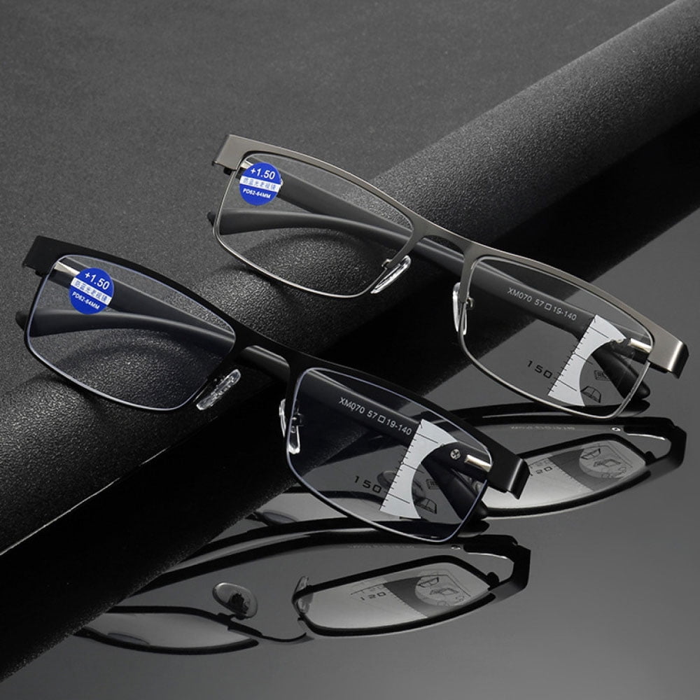 2 Pairs of Rectangular Classic Business Progressive Reading Glasses 1.00 for Men, Metal Spring Hinge Temple Readers, Vintage Presbyopic Glasses +1.00 Strength