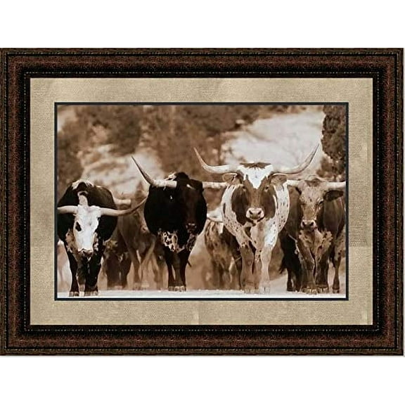 Longhorn Stampede | Western Framed Cattle Art in Double Mat | 16L X 19W" Inches