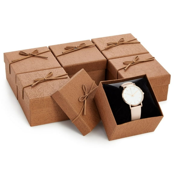 Juvale Bracelet Gift Box 6-Pack - 3.5 x 3.5 x 2.3 in, Brown Country-Rustic Cardboard - Velvet Pillow & Faux Leather Bow Lid - Tiny Jewelry Gift Boxes & Watch Packaging