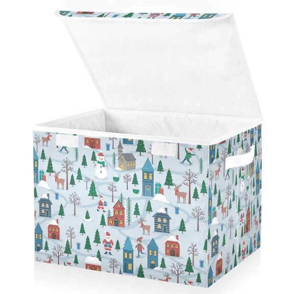 Yayeee Collapsible Cube Storage Bin with Lid Fabric Closet Decorative Basket with Handles, Snowy Christmas Pattern