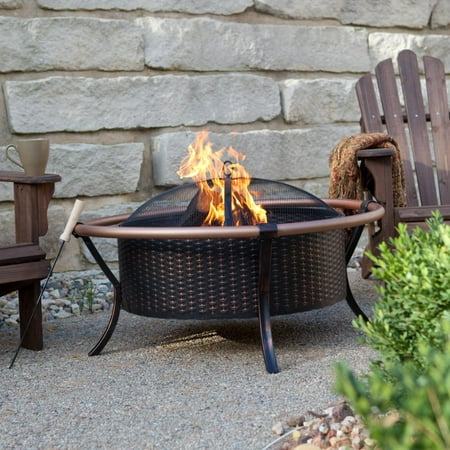 Fire Sense Fire Pit Copper Rail Steel Fire Bowl with Weave Pattern Included Screen Lift Tool-Antique Bronze-27.5"