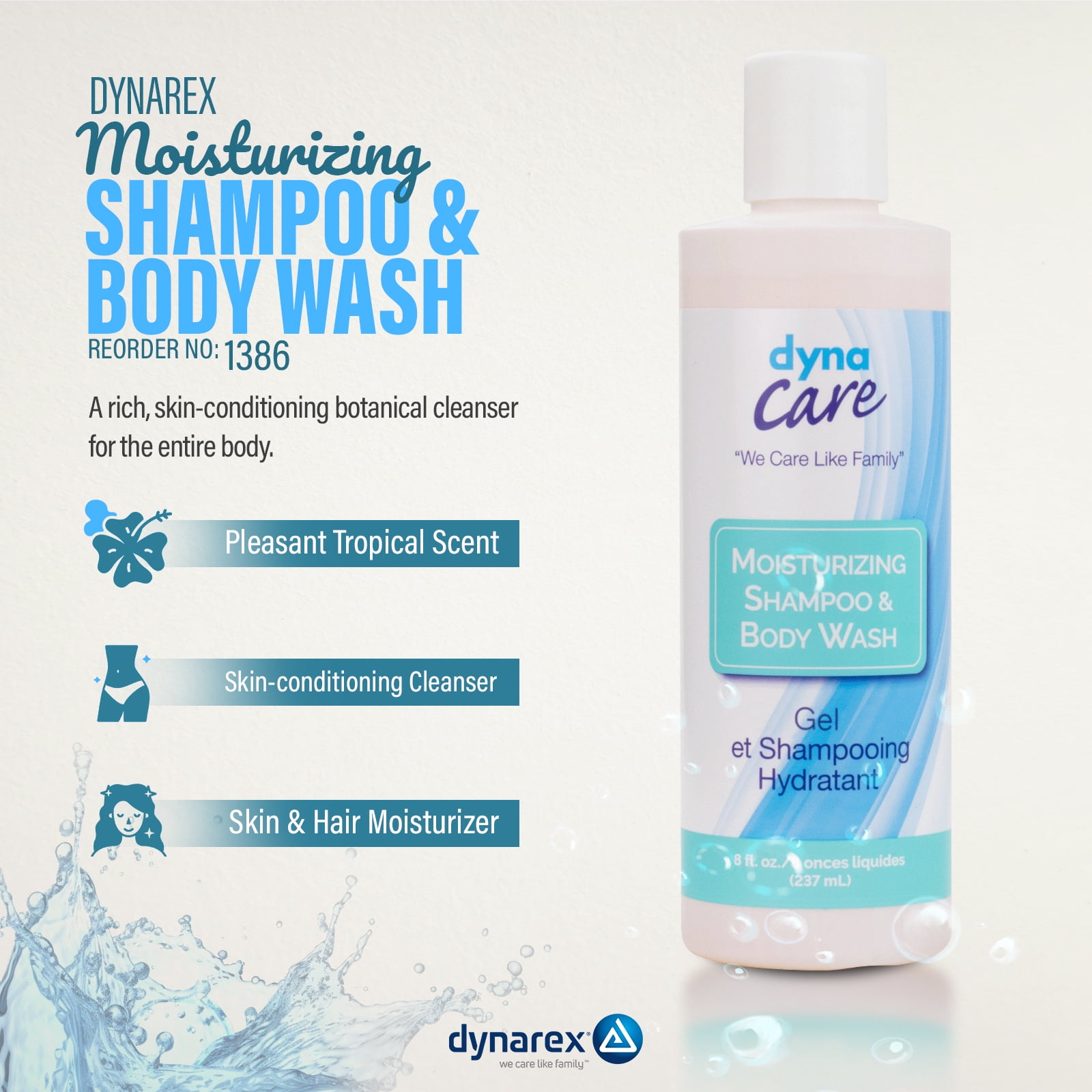 Dynarex Shampoo and Body Wash - Moisturizing All-in-One Cleanser for Skin & Hair - Mild Formula for Sensitive Skin - Tropical Scent - 8oz, 48 Bottles per Case
