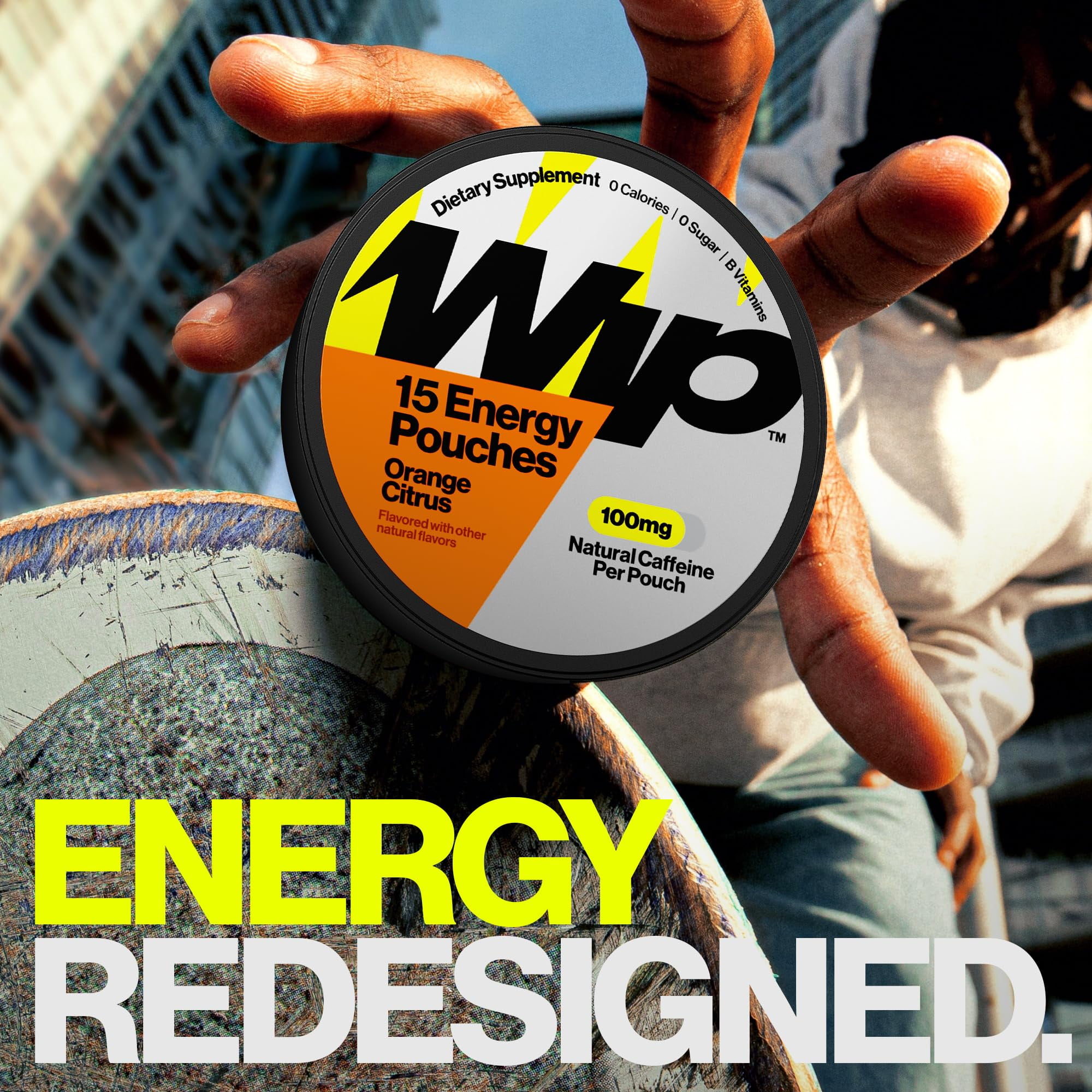 Wip Energy Pouches | 100mg Natural Caffeine | Vitamins and Minerals | Orange Citrus | 15 Pouches Per Can | 1 Can