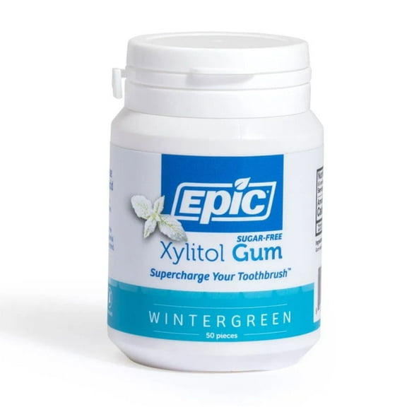 Epic Xylitol Chewing Gum - Sugar Free & Aspartame Free Chewing Gum Sweetened w/Xylitol for Dry Mouth & Gum Health (Wintergreen, 50-Piece Bottle)
