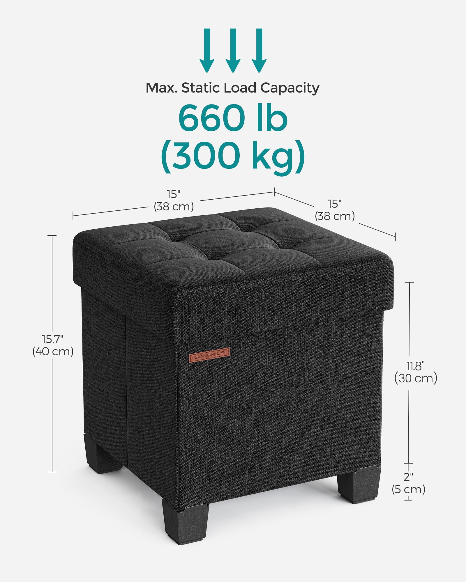Small Storage Ottoman with Legs - 15" Cube Foot Rest, 660 lb Capacity, Linen-Look Fabric, for Living Room/Bedroom, Ink Black