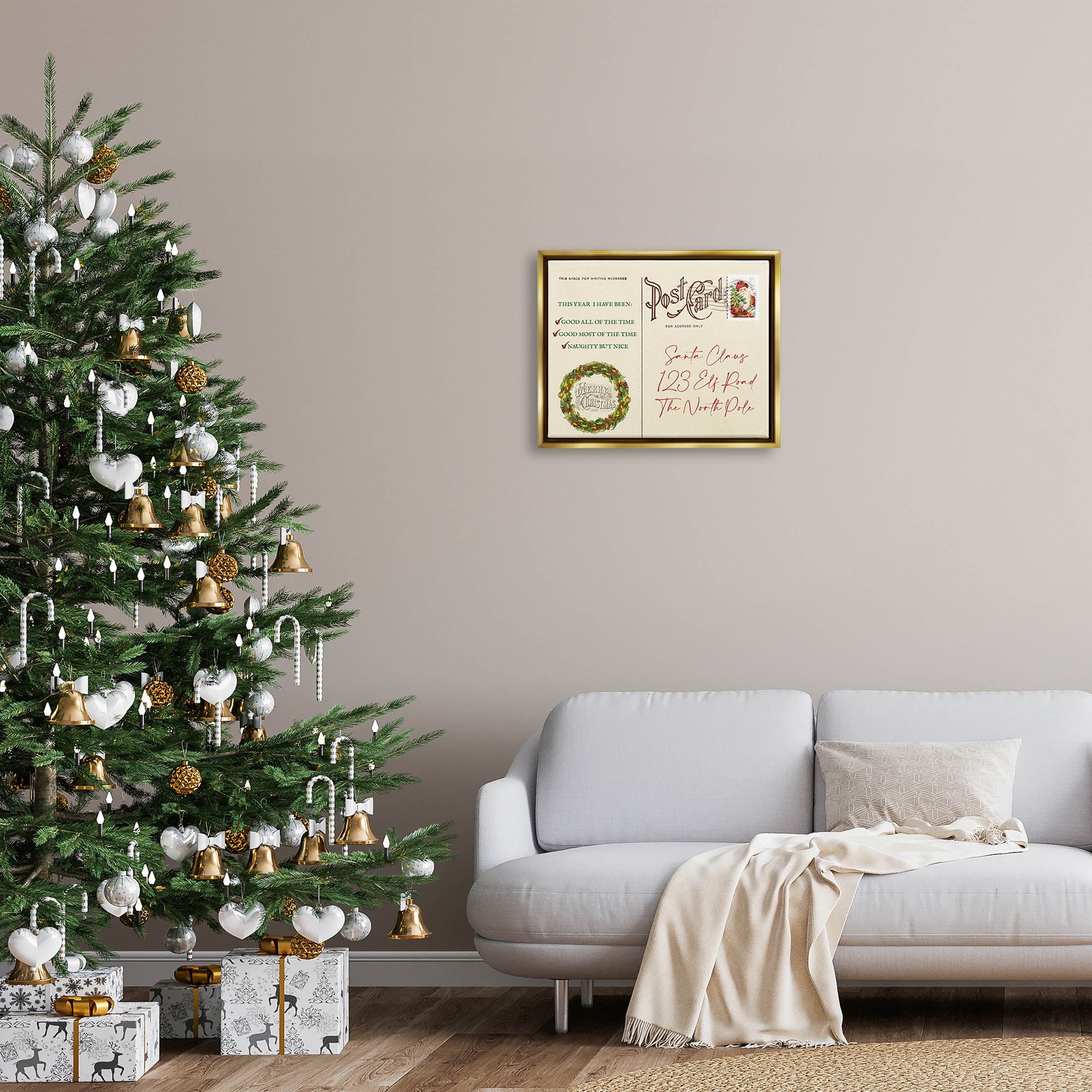 Stupell Industries Merry Christmas Vintage Postcard Graphic Art Metallic Gold Floating Framed Canvas Print Wall Art, Design by Lil' Rue