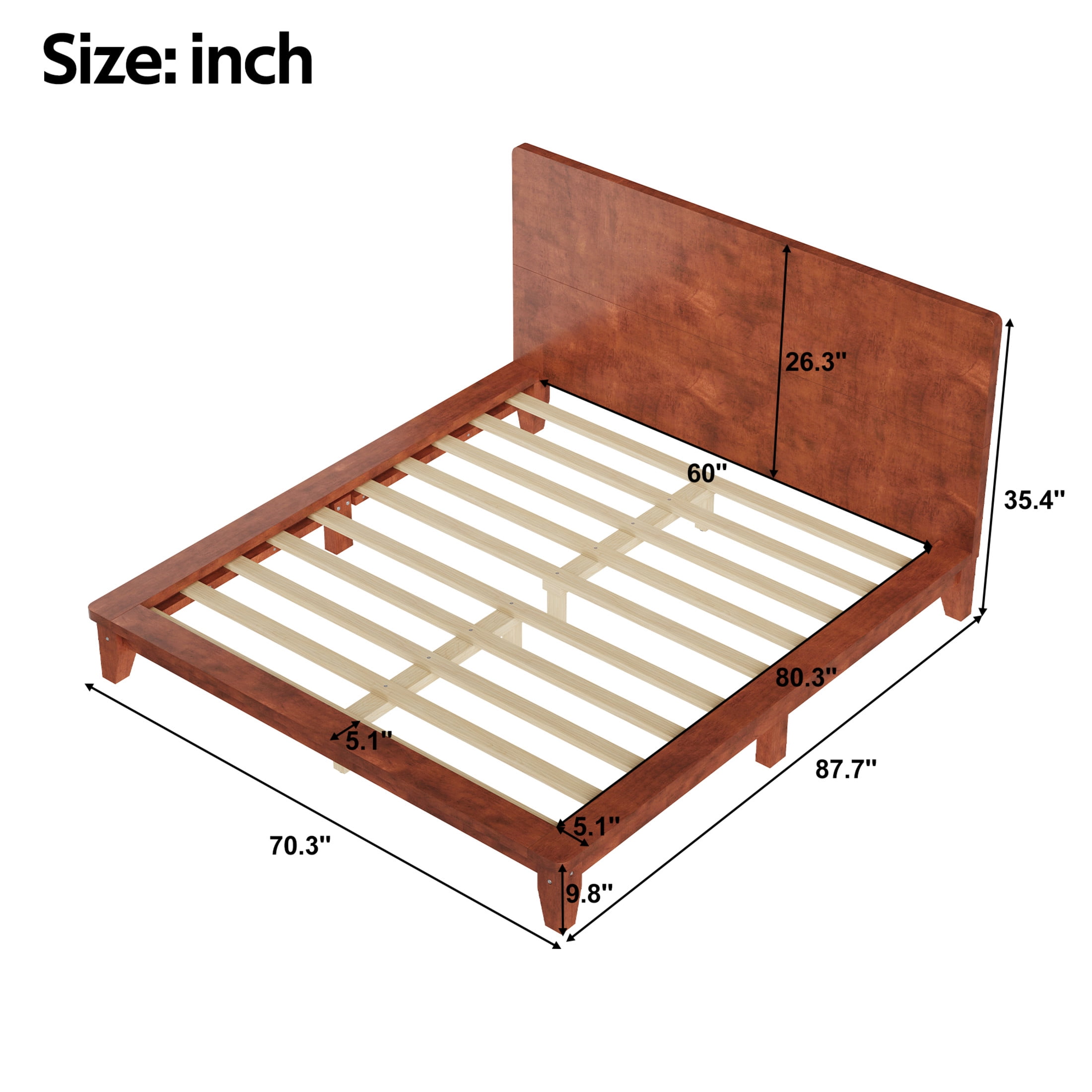 Noble House Hazel Queen Size Pine Wood Platform Bed Frame with Legs and Headboard, Mid-Century Modern Design, Brown