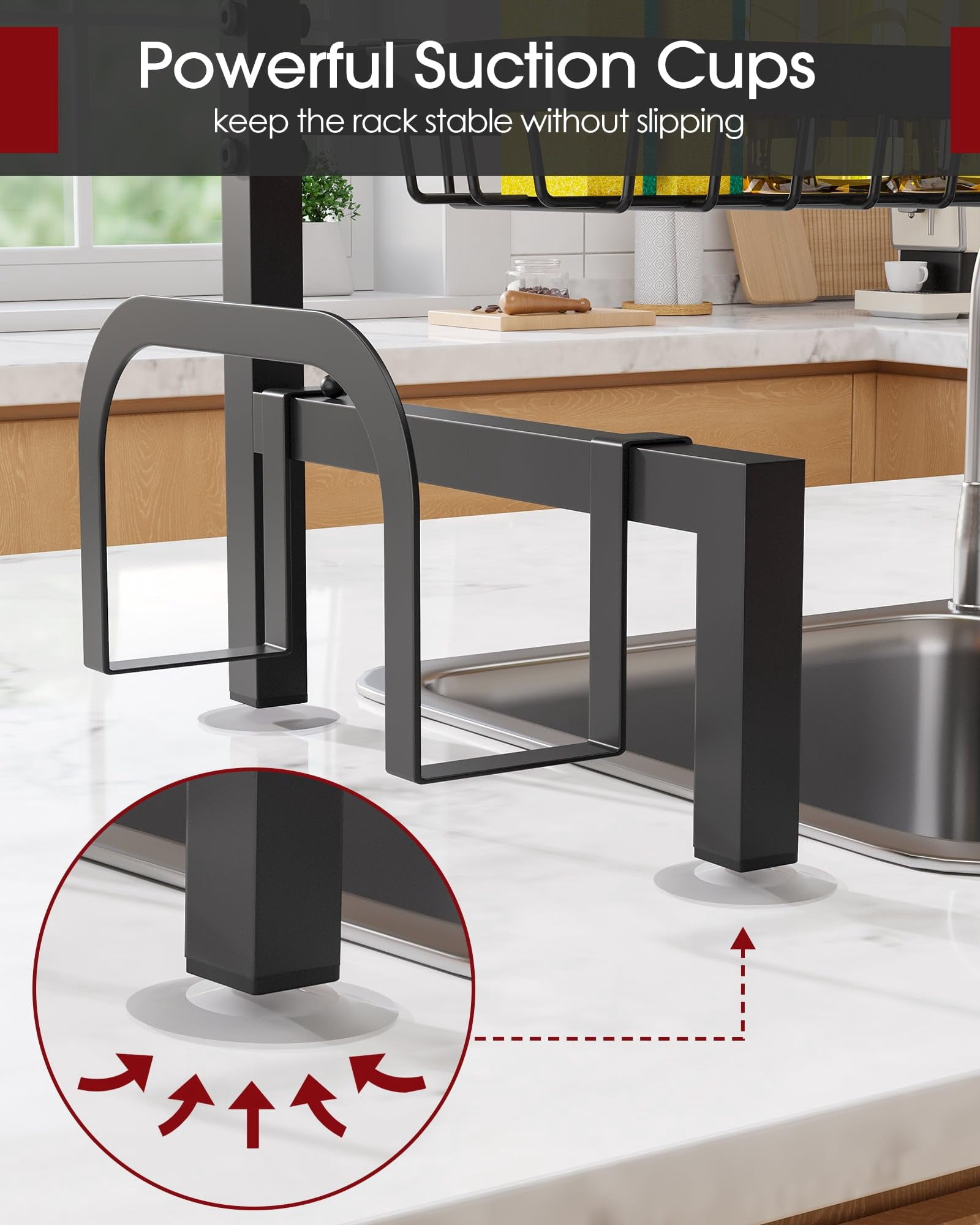 Over The Sink Dish Drying Rack - Adjustable 2 Tier Large Capacity Stainless Steel Drainer With Cutlery & Utensil Holders  Kitchen Storage Organization 30"-33.9" L X 11" W 21.5" H Black