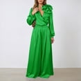 thumbnail image 3 of Aihuaihua Women's Satin 2 Piece Outfits Elegant V-Neck Long Sleeve Tops and Wide Leg Pants Sets Formal Clothes for Work Wedding Green, 3 of 5
