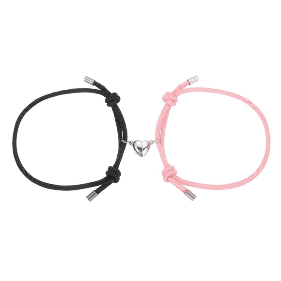 Uxcell Magnetic Couples Bracelets, His and Her Heart Matching Bracelet, Adjustable Braided Rope Cord for Anniversary Friends Women Men Gift, Black/Pink