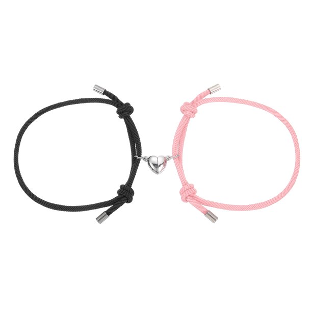Pulseras Magnéticas Uxcell para Parejas, Pulsera a Juego de Corazón para Él y Ella, Cordón Trenzado Ajustable para Regalo de Aniversario, Negro/Rosa