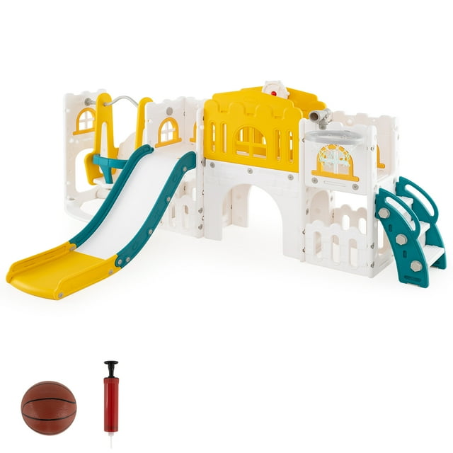 Gymax 10 in 1 Toddler Swing & Slide Set w/Basketball Hoop Telescope Storage Space