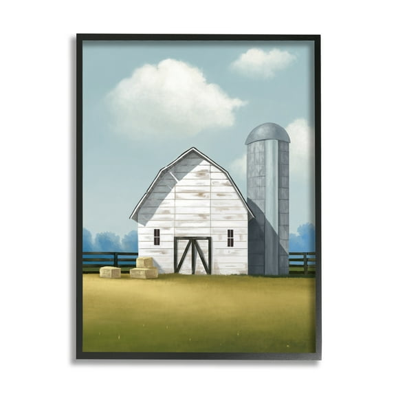 Stupell Industries White Barn with Hay Stacks Landscape Painting Black Framed Art Print Wall Art, 11 x 14