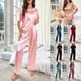 thumbnail image 4 of Women Satins Pajamas Silk Sleeveless Pj Set Soft Short Sleeve Shirt Tops and High Waist Long Pants Casual PJ Loungewear, 4 of 17
