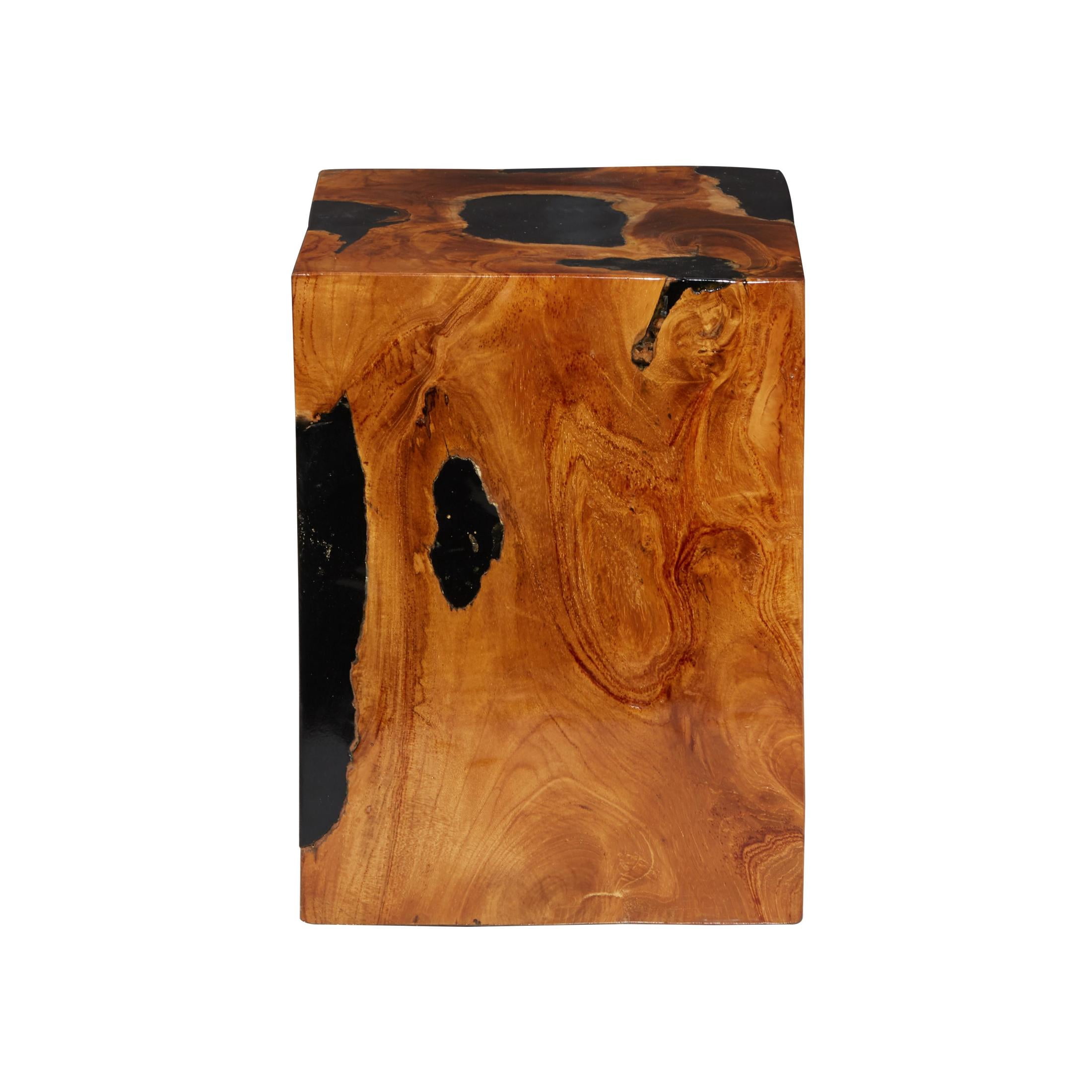 DecMode 12" x 15" Brown Teak Wood Block Abstract Accent Table with Black Resin Inlay, 1-Piece